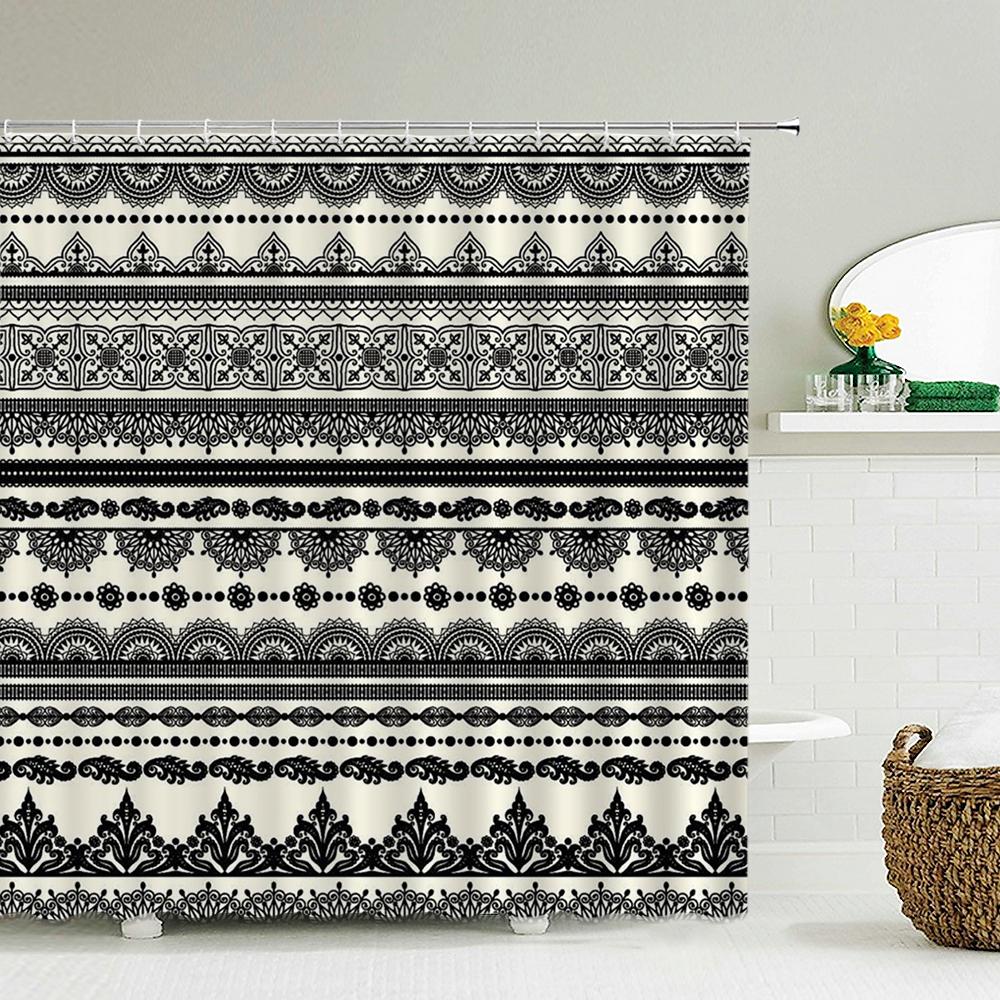 Art Boho Shower Curtain with Hooks Bohemian Bath Curtain Polyester Fabric Black and White Minimalist style Bathroom Curtains