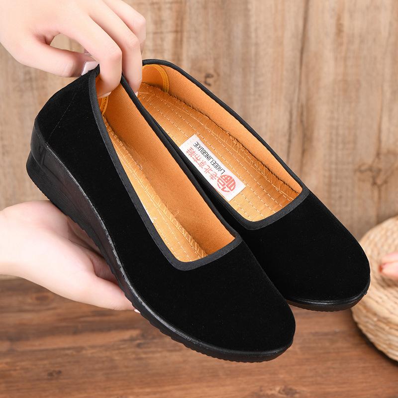 Black new suede wedge heel velvet wedge heel square dancing shoes professional hotel shoes