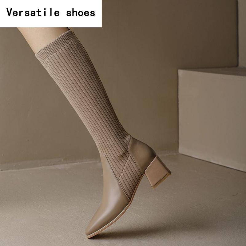 Sock Women Knee High Boots Fashion Slip On Long Booties Vintage Square Heels Ladies Shoes