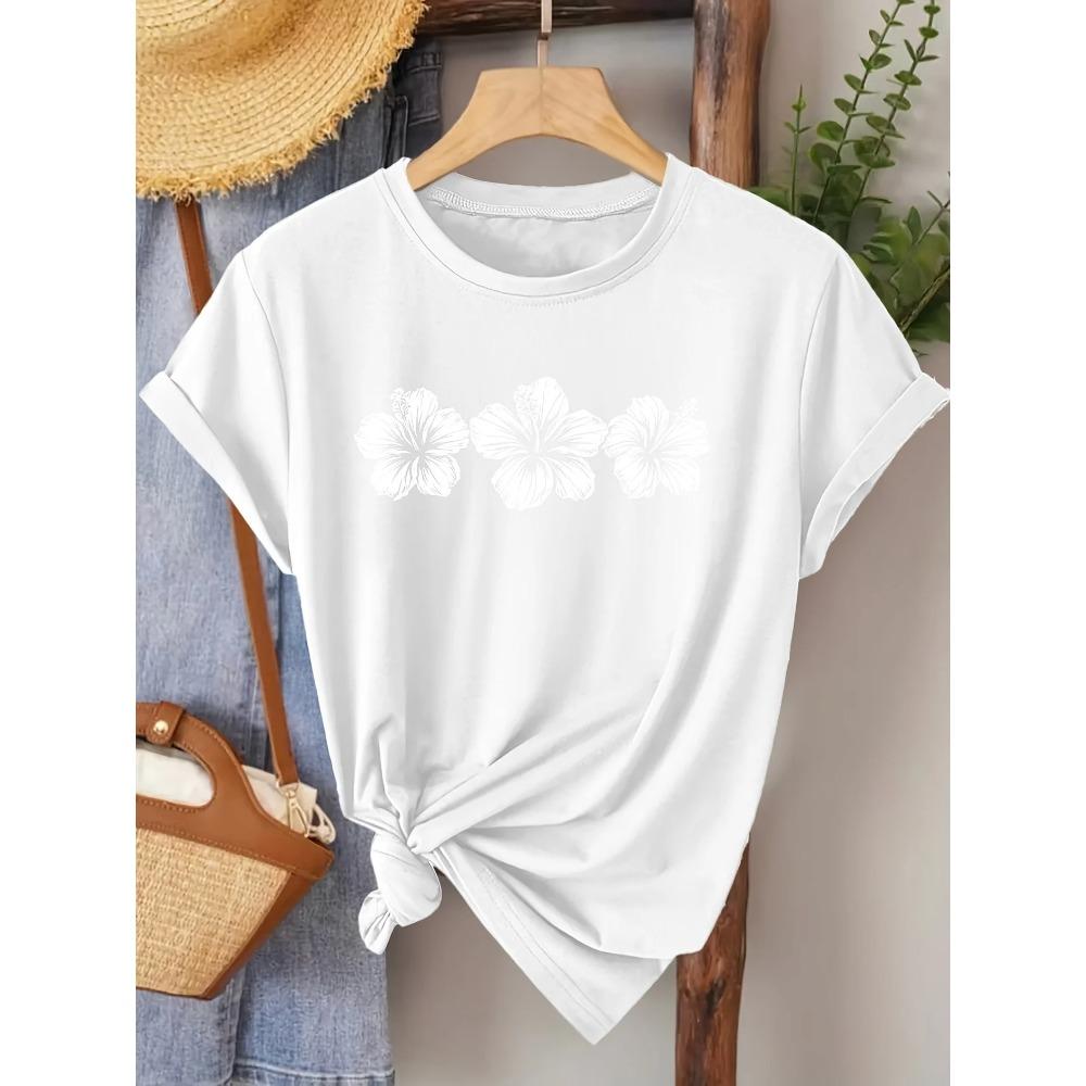 Elegant Short-Sleeved Top for Women Featuring a Hibiscus Flower Print Fashion Kawaii T-shirt Women's Y2K Clothing