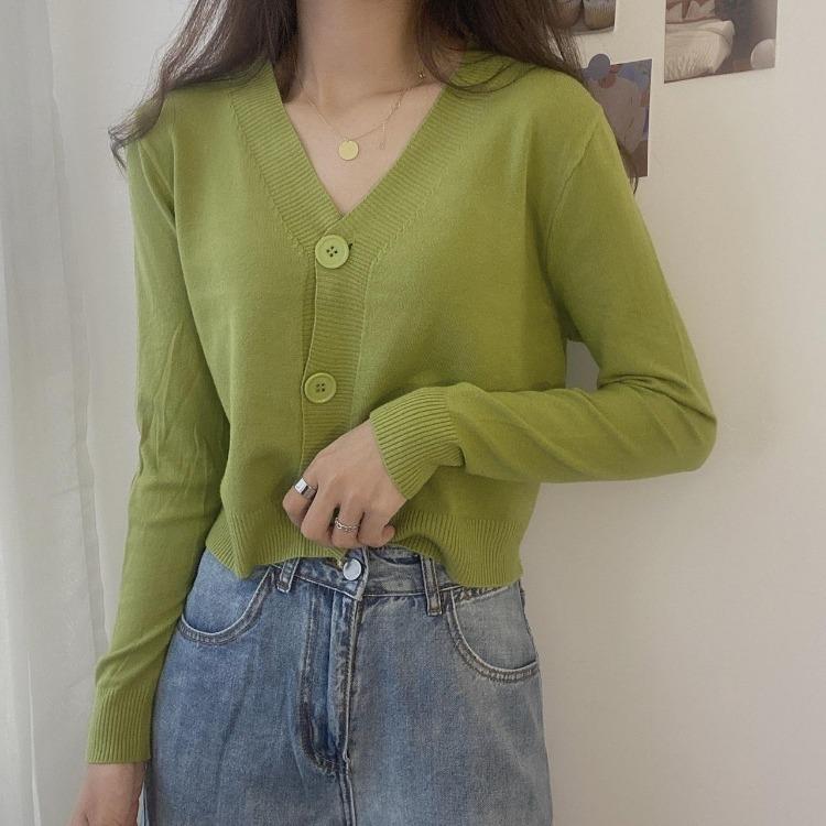 Women's Solid Color V-Neck Knitted Cardigan Long Sleeve Pullover Sweater Single Breasted Button Spring Fall Outerwear Tops Small Fresh One Size