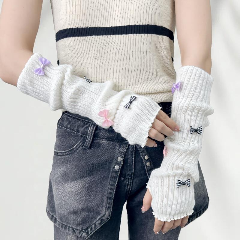 Sweet Cute Fur Bowknot Fingerless Gloves Girl Cosplay Sleeves Arm Sleeves Wool Knitted Sleeves