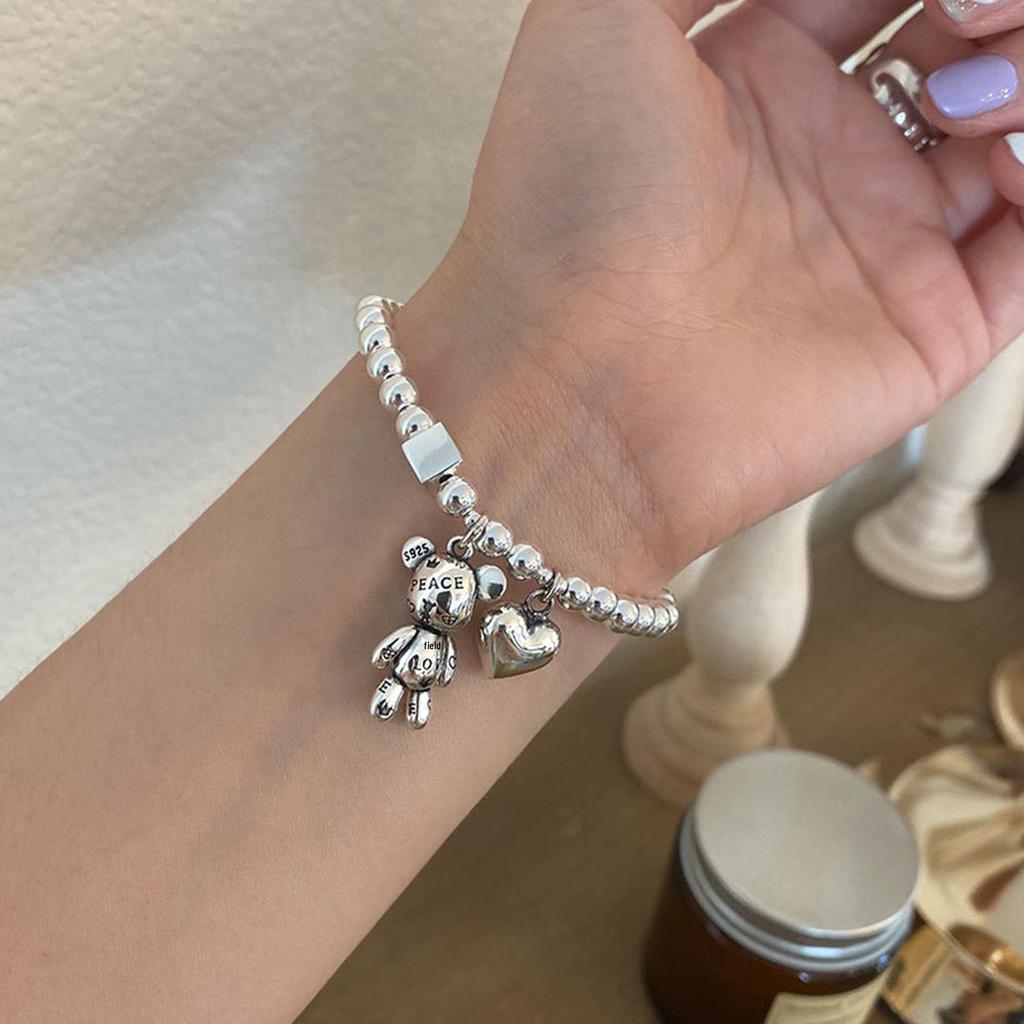Korean S925 Silver Bear Bracelet: Retro Fashion Heart Bangle with Round Beads and Square Accents
