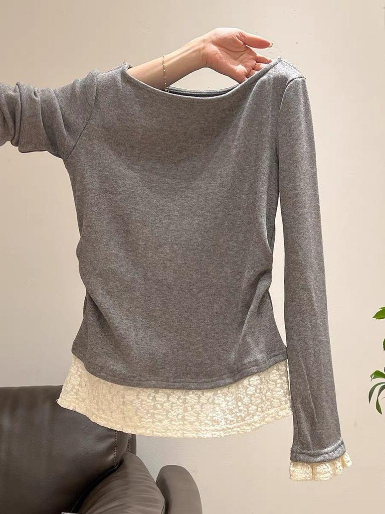 Women's Ruched One-Shoulder Long-Sleeve Top with Lace Hem, Perfect for Early Spring