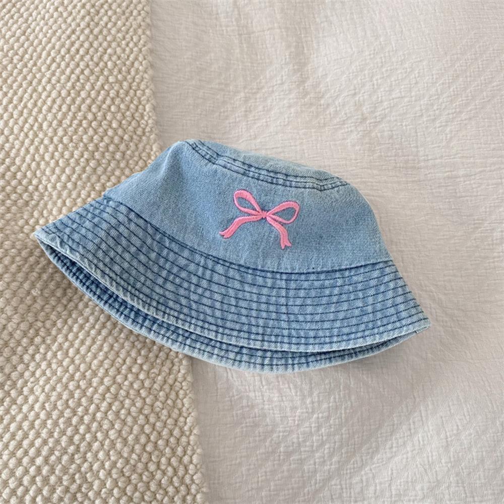 Summer Embroidery Bow Washed Denim Bucket Hat For Women Panama Hats Outdoor Fisherman Hat Beachside Sunscreen Visor Cap