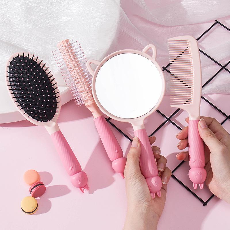 Portable Cute Cartoon Mirror and Air Cushion Comb Set for Fluffy Styling and Curly Long Hair