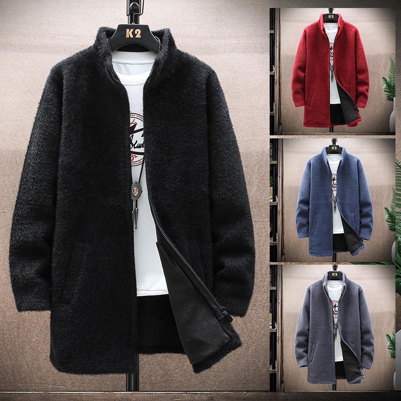 Men's Fleece-Lined Mid-Length Knit Cardigan - Thick and Warm for Autumn/Winter