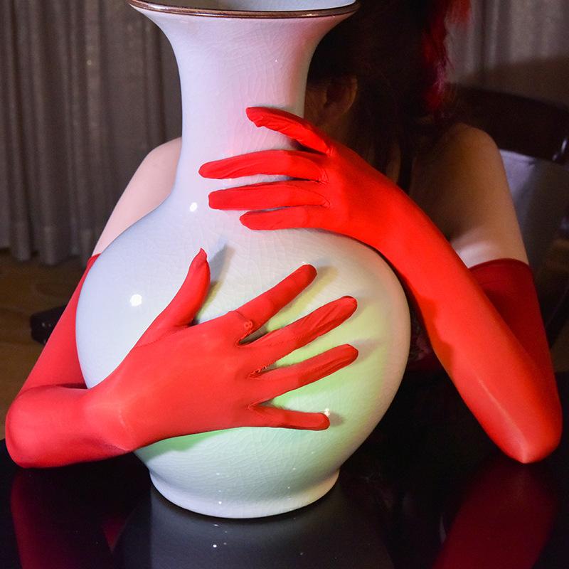 Stockings Gloves912Needle Oil Glossy High Elastic Fingerless Gloves Ultra-thin Black Silk Smooth Sunscreen Bride Sexy Five-finge