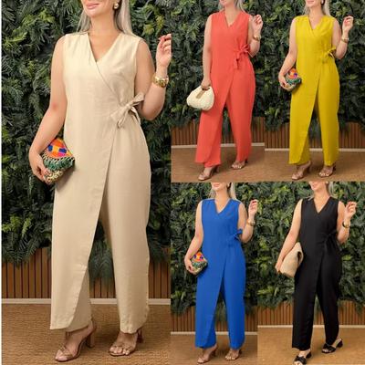 Fashion Solid V-Kragen Asymmetrischer Langer Jumpsuit Frühling Elegant Ärmellos Gürtel Einteiliger Damen Weites Bein Taschen Arbeits-Strampler