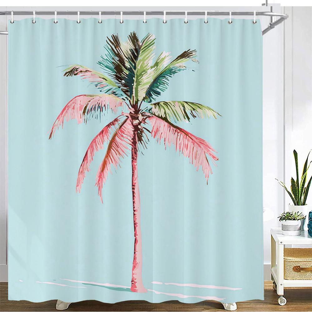 

Palm Tree Shower Curtain – Watercolor Illustration With Pink & Green Fronds On Light Blue Background, 12 Hooks, 70.87×70.87 Inch W60H190(CM)-1 Pcs