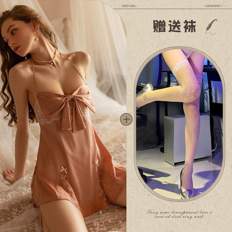 New sexy suspender lace temptation nightdress ice silk chest bow set