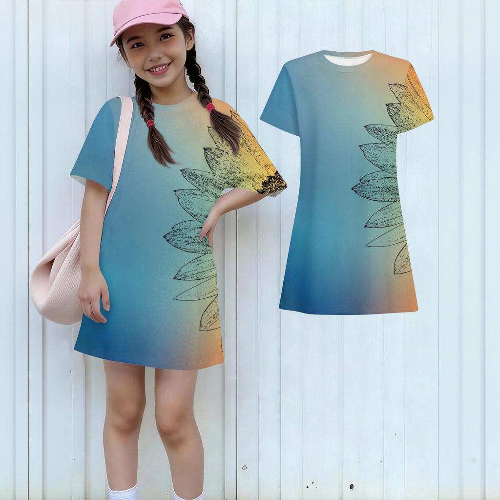 Girls Print Casual Dress Kids Loose Round Neck Short Sleeve Thin Sundress