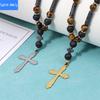 Fashionable Natural Stone Black Onyx Tiger Eye Stone Beaded Cross Necklace Men's Hip Hop Necklace