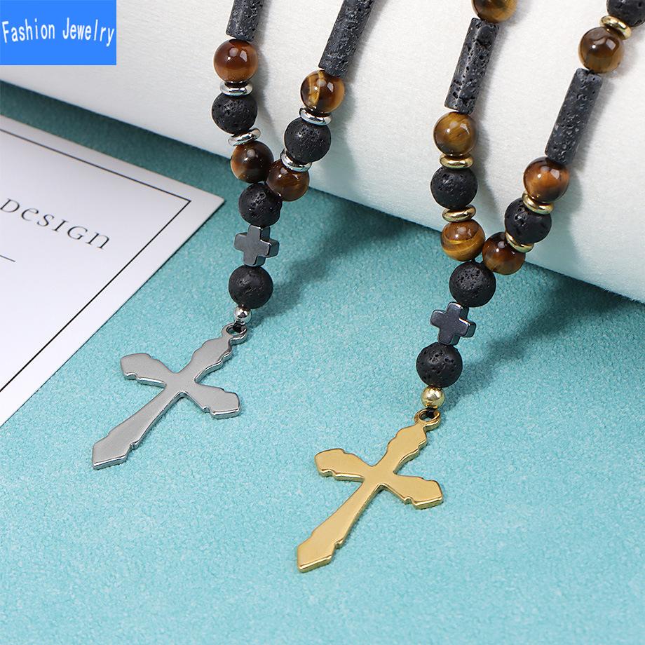 Fashionable Natural Stone Black Onyx Tiger Eye Stone Beaded Cross Necklace Men's Hip Hop Necklace