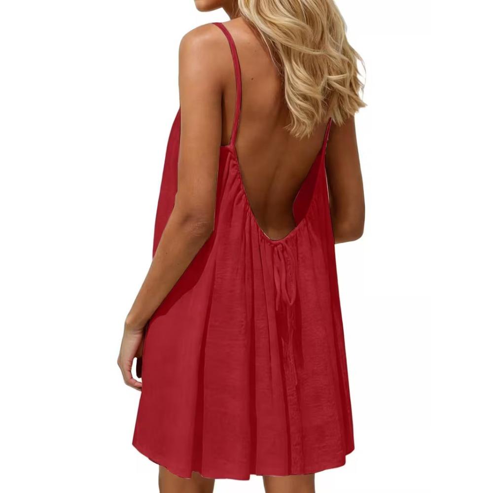 Damen-Rückenfreies Spaghettiträger-Kleid Lässig Lockerer Schnitt Sommer Strand Minikleid