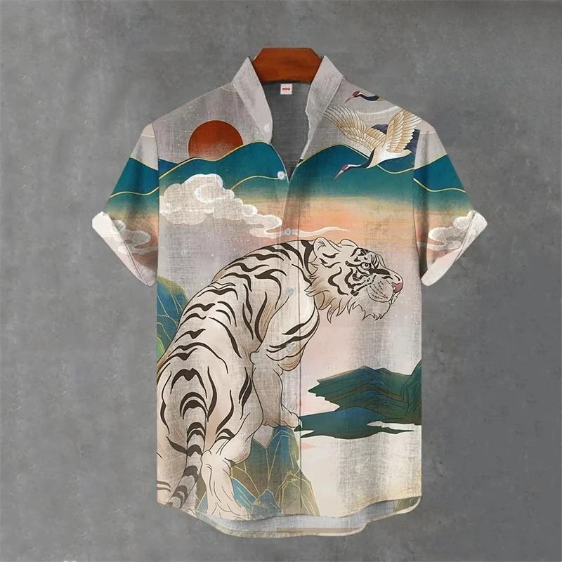 Japanese Animal Graphic Men's Shirt Summer Casual Short Sleeve Tops Hawaiian Tiger Shirts Men Oversized Lapel Button T-Shirt Man