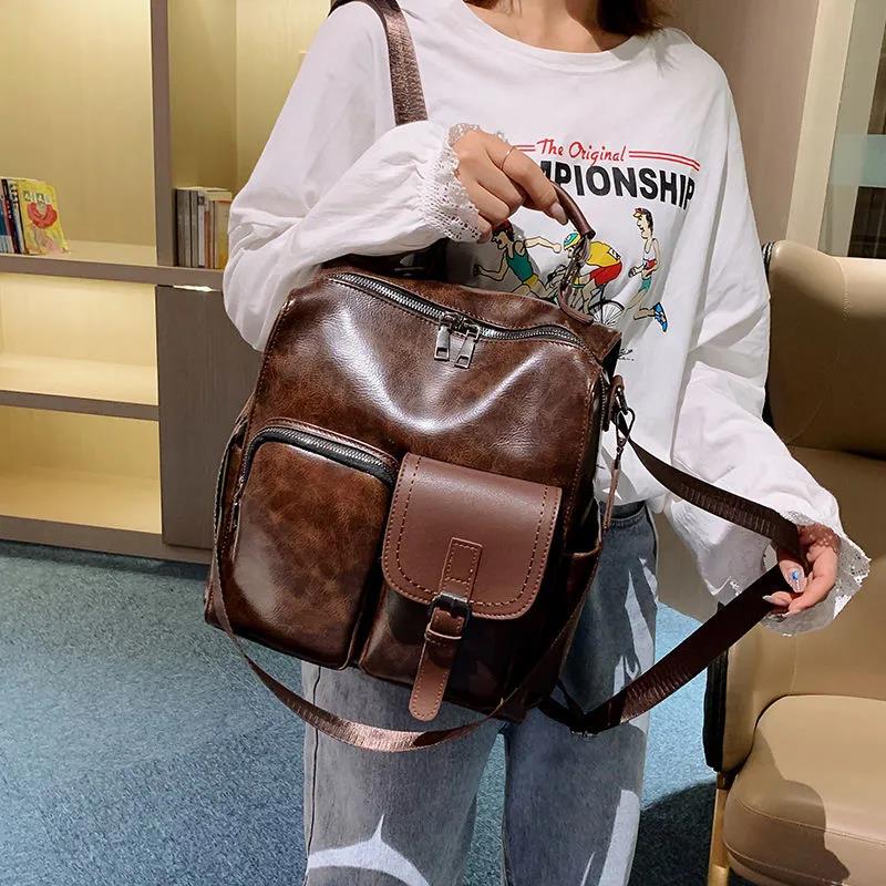 Women's Backpack Vintage Large Capacity Travel Bag Solid Color Single Shoulder Bag Versatile Casual Handbag