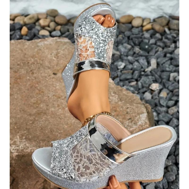 

High quality summer new solid color women s sandals sequined lace-43 large size high heel women s sandals 36