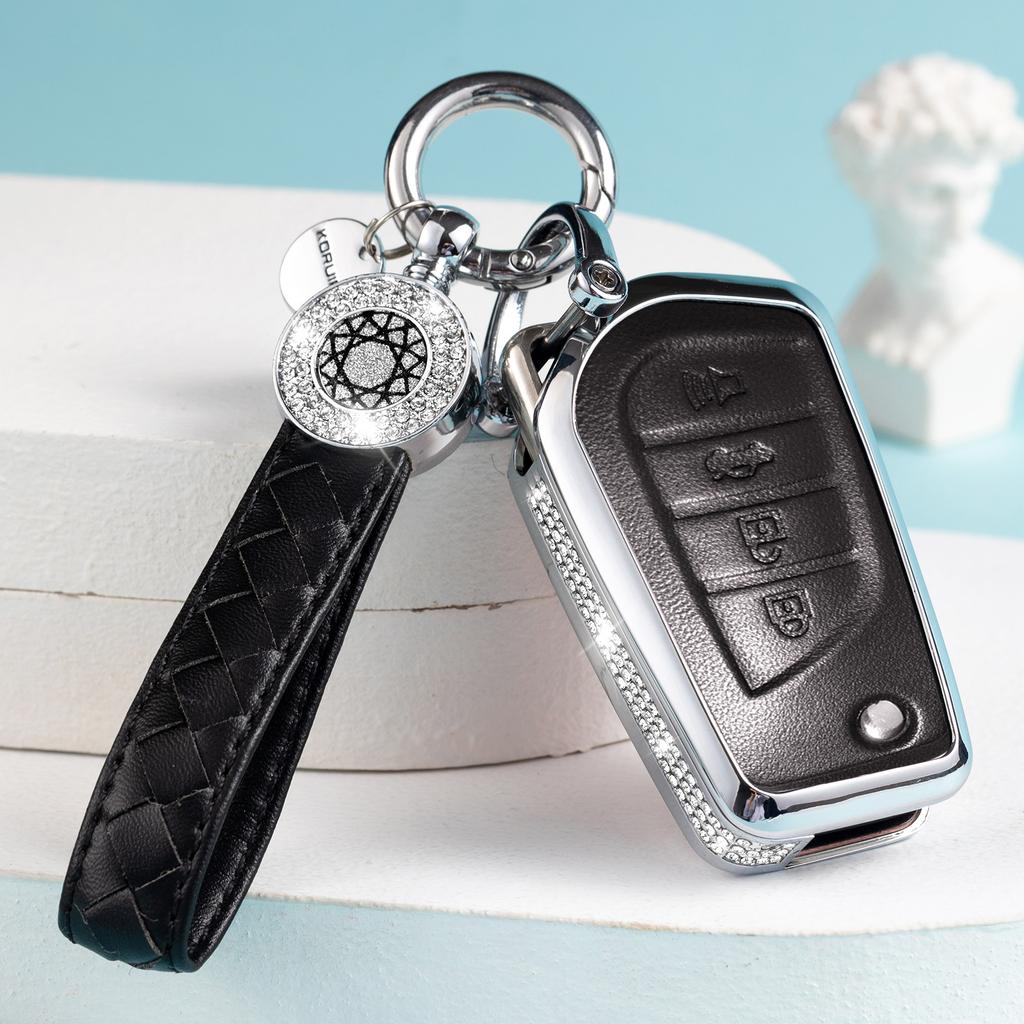 Compatible with Toyota Key Fob Cover with Keychain, Pink Genuine Leather Crystal Key Case Protection Shell for Fortuner Tundra C