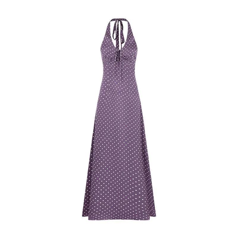 Purple Polka Dot Backless Neck Dress Women's Summer High-end Slim-fit Skirt Spice Girl Style Waist-wrapped Hip Dress