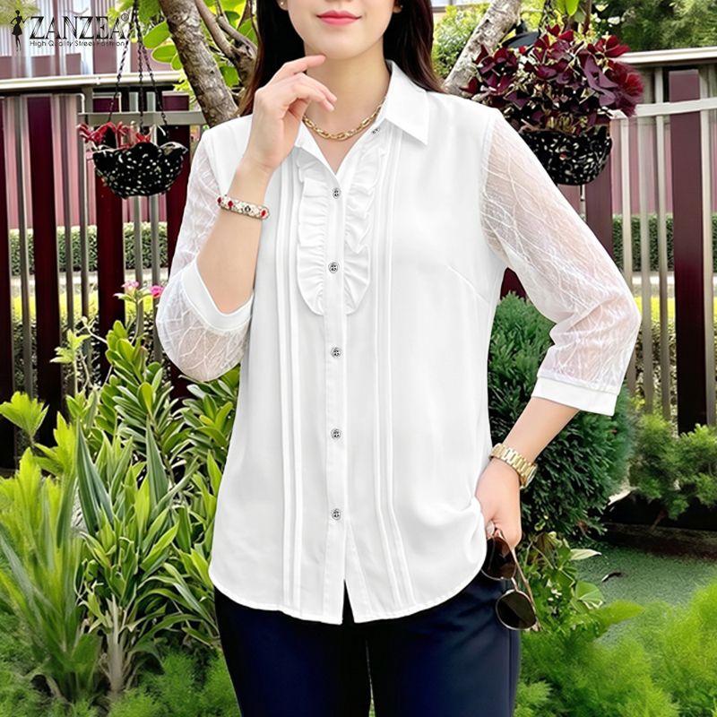 ZANZEA Women Casual Turn Down Collar Lace Splice 3/4 Sleeve Blouse M