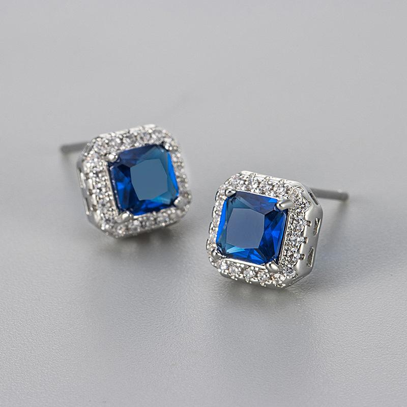 Classic Luxury Shining Zircon Square Color Imitation Gemstone Stud Earrings for Women Trendy Exquisite Stainless Steel Jewelry