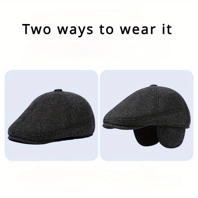 1 Pc Warm Winter Caps for Men Solid Black Grey Ivy Newsboy Flat Cap Male 5 Panels Beret Hat with Ear Flaps Bere