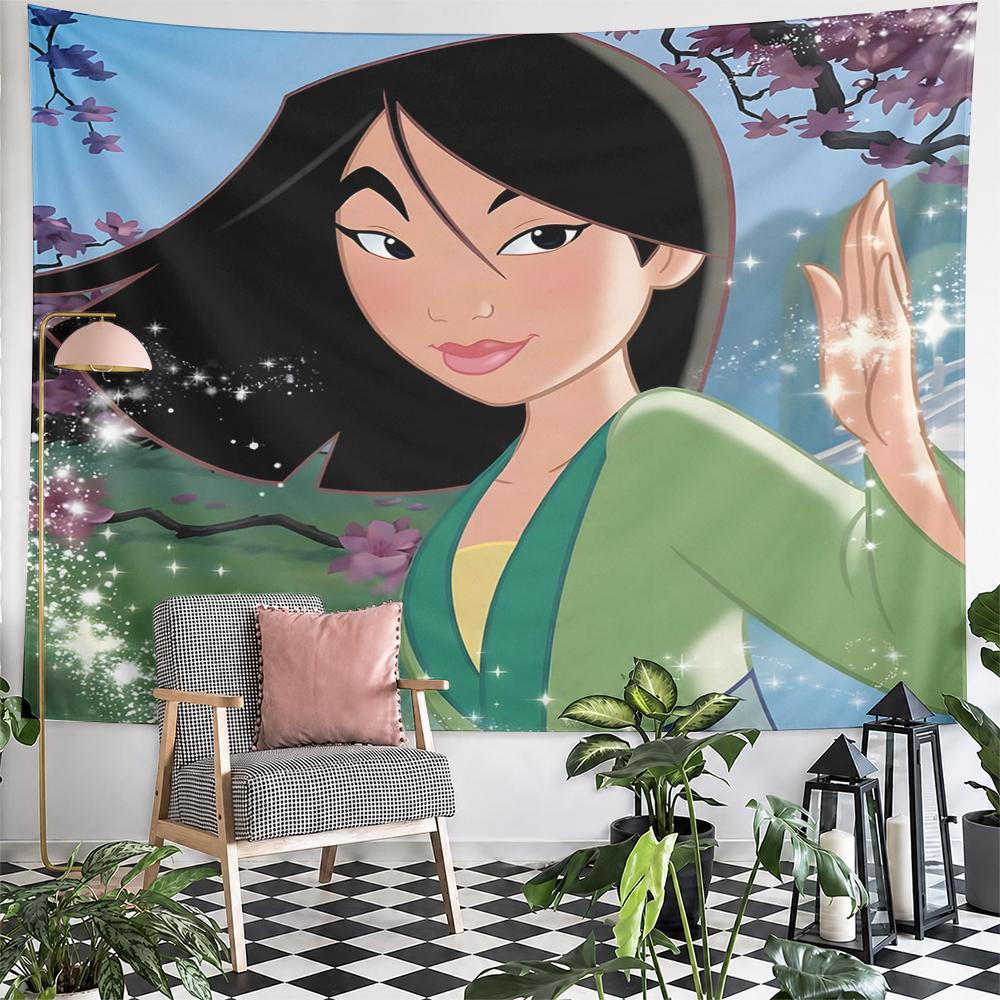 Wide Wall Tapestry Mulan Green Robe Waving Hand With Sparkles Among Purple Cherry Blossoms, Wide Wall Art for Adult Fan Bedroom Living Room Decor