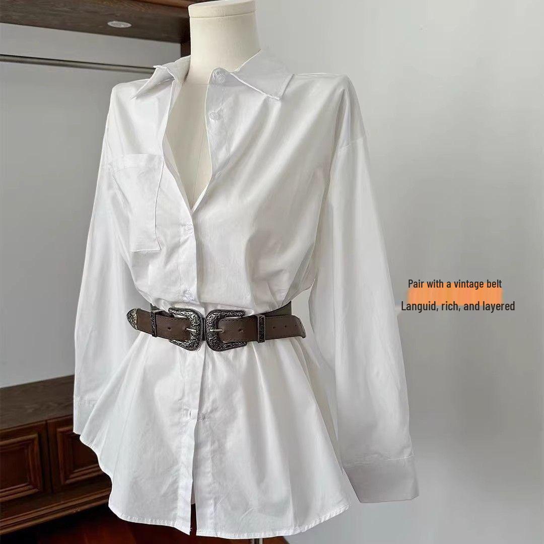 

Women s White Irregular Lapel Shirt Dress with Belt - Spicy Girl Long Sleeve Blouse S