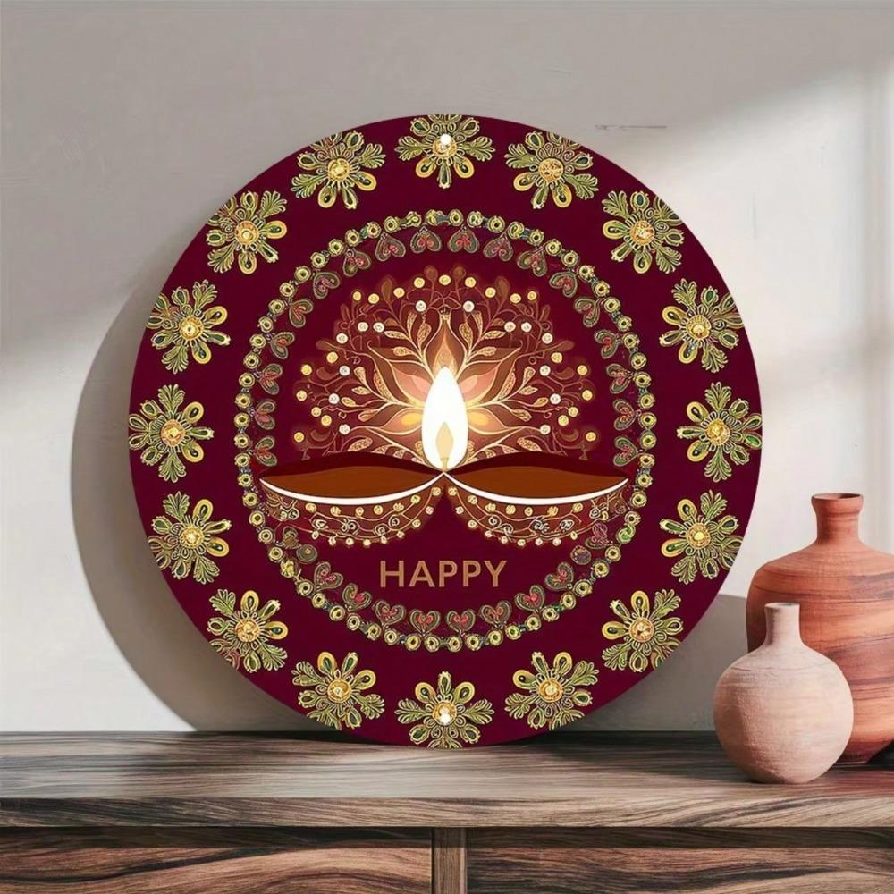 Metal Diwali Wall Art 2D Oil Lamp Flower Sign Pre-Drilled Hanging Plaque For Home Shop Classroom 7.87x7.87in