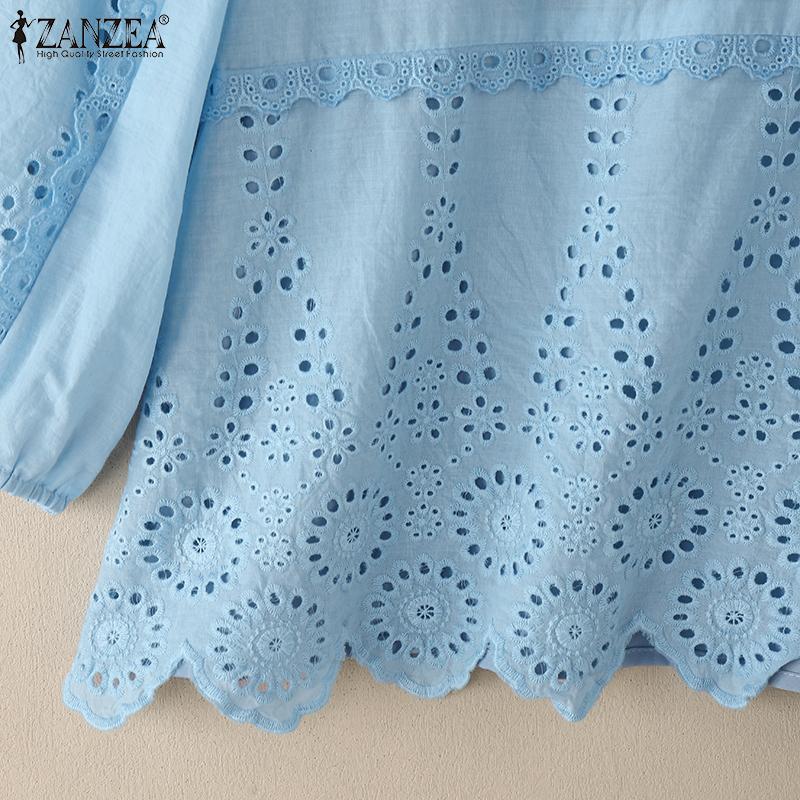 ZANZEA Women Square Collar Summer Hollow Embroidered Casual 3/4 Sleeve Blouse
