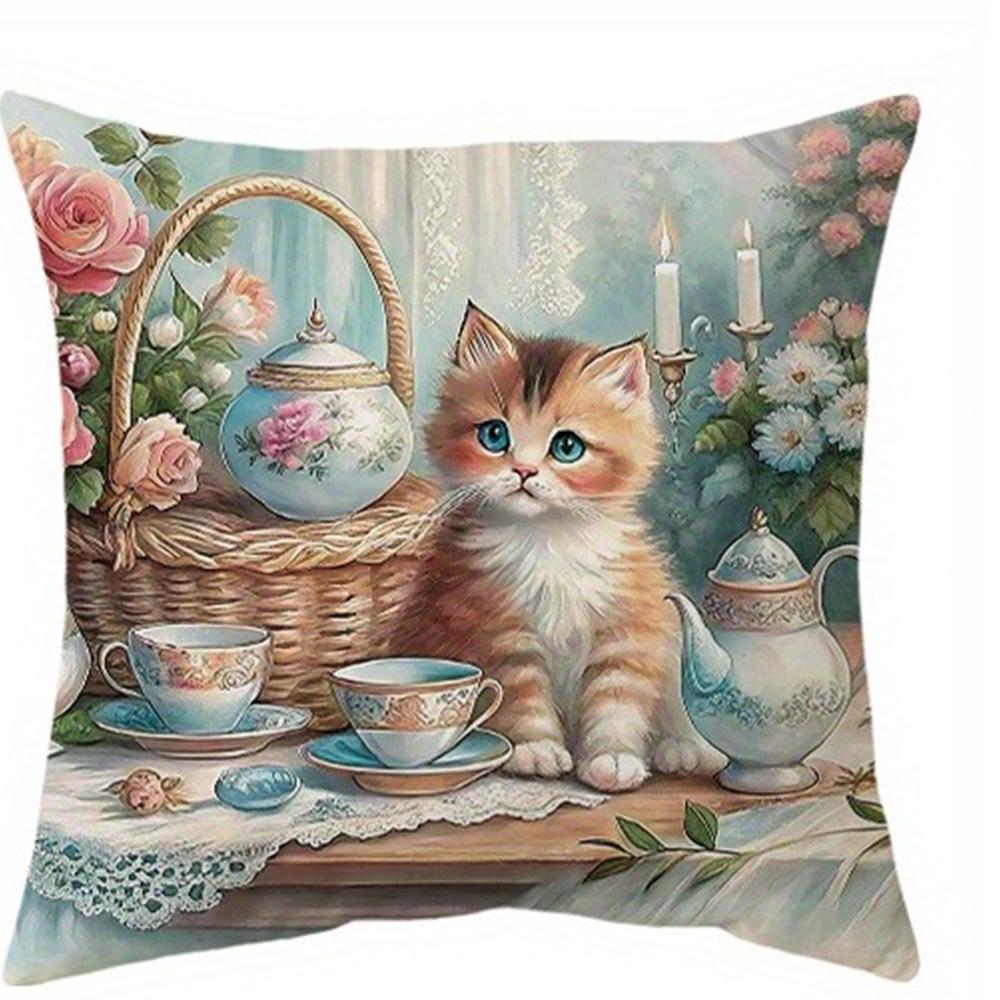 Vintage - Style Kitten Tea - Time Pillow CoversLiving Room Sofa Cushion Cover, Soft and Comfortable, Bedroom Room Decoration