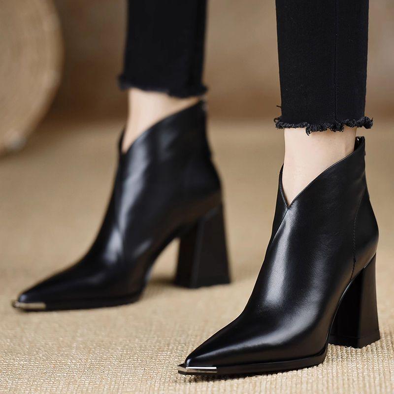 Coarse Heel Pointed Short Boots Women's Autumn and Winter New Versatile Anti-collision Metal Iron Head Soft Leather High Heel Thin Fashion Boots