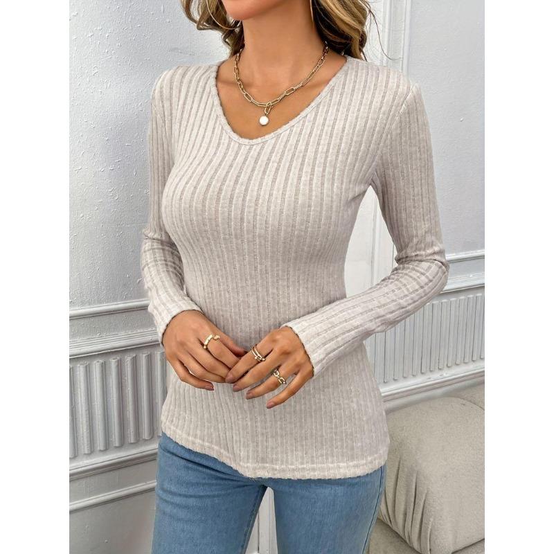 Solid Rib Knit Sweater, Casual V Neck Slim Long Sleeve Sweater, Women's Clothing