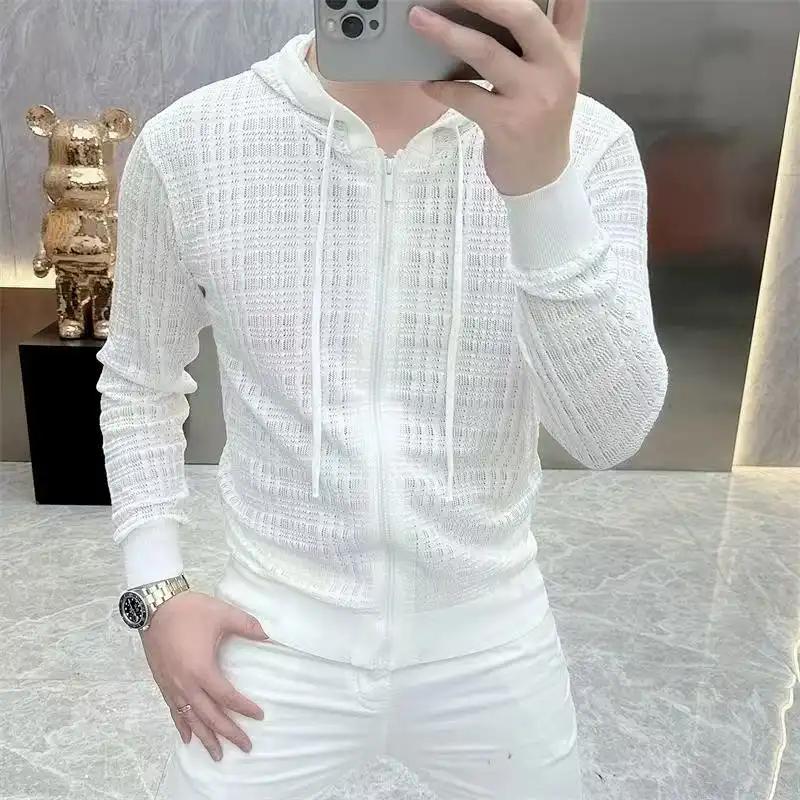 Осень Зима Новый Повседневный Простой Однотонный Модный Вязаный Кардиган-Куртка с Капюшоном Мужской Приталенный С Длинным Рукавом На Молнии L белый