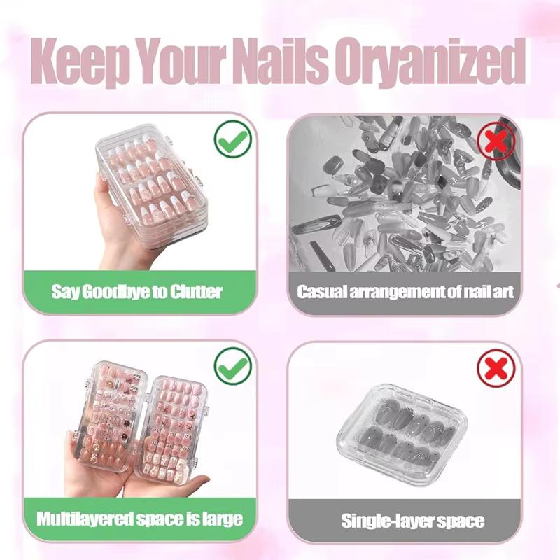 Multi-Layer Transparent Plastic Press-On Nail Storage Box With Adhesive Strips For Wearable Nail Display Organization Case