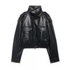 Womens Faux Leather Strap Jacket Square Collar Loose Fit Long Sleeve Winter