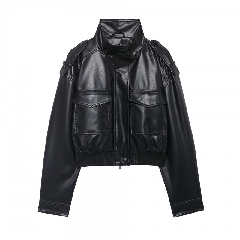 Womens Faux Leather Strap Jacket Square Collar Loose Fit Long Sleeve Winter