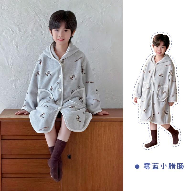 Kids Winter Warm Pajama Set Girls Boys Soft Plush Sleepwear With Hooded Robe Pants A-Class Safe Toddler Home Outfit