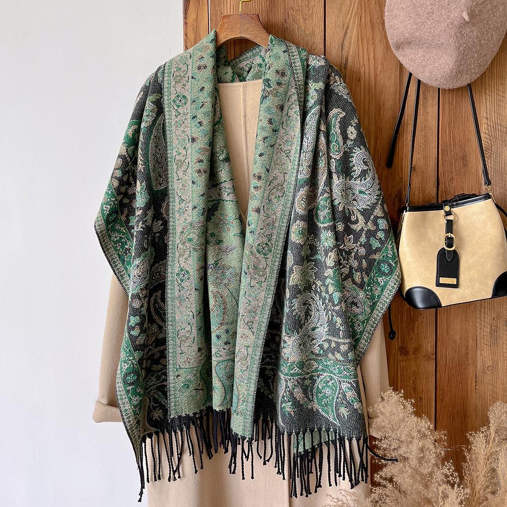 Women'S Winter Paisley Print Thick Pashmina Shawl Warm Long Tassel Scarf Poncho Stoles Cold-Proof National Style
