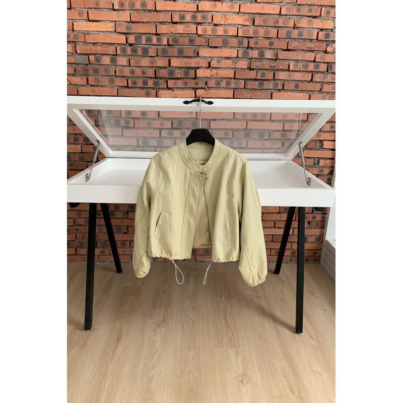 Womens Short PU Leather Jacket Loose Fit Stand Collar Casual Zip Front Outerwear