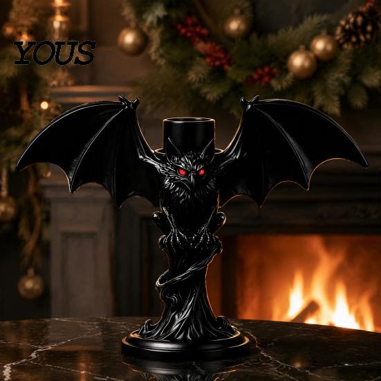 Halloween Bat Candle HolderGothic Tealight Holder Devil Holder, Gothic Winged Candlestick with Shadow Projection Red Eyes, Matte Black Sticks