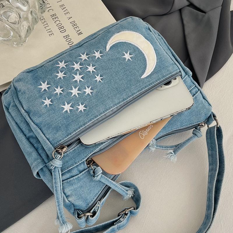 Borsa di Jeans a Spalla Singola Multi-cerniere Borsa a Tracolla Retrò Borsa per Mamma di Mezza Età
