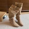 2025 Autumn and Winter Versatile Skinny Pile Boots Pointed Thin Heel High Heel Boots Women's Maillard But Knee Boots