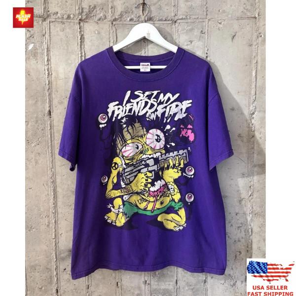 Trending Vtg I Set My Friends On Fire band short sleeve purple color shirt Unisex T-Shirt XXXXL