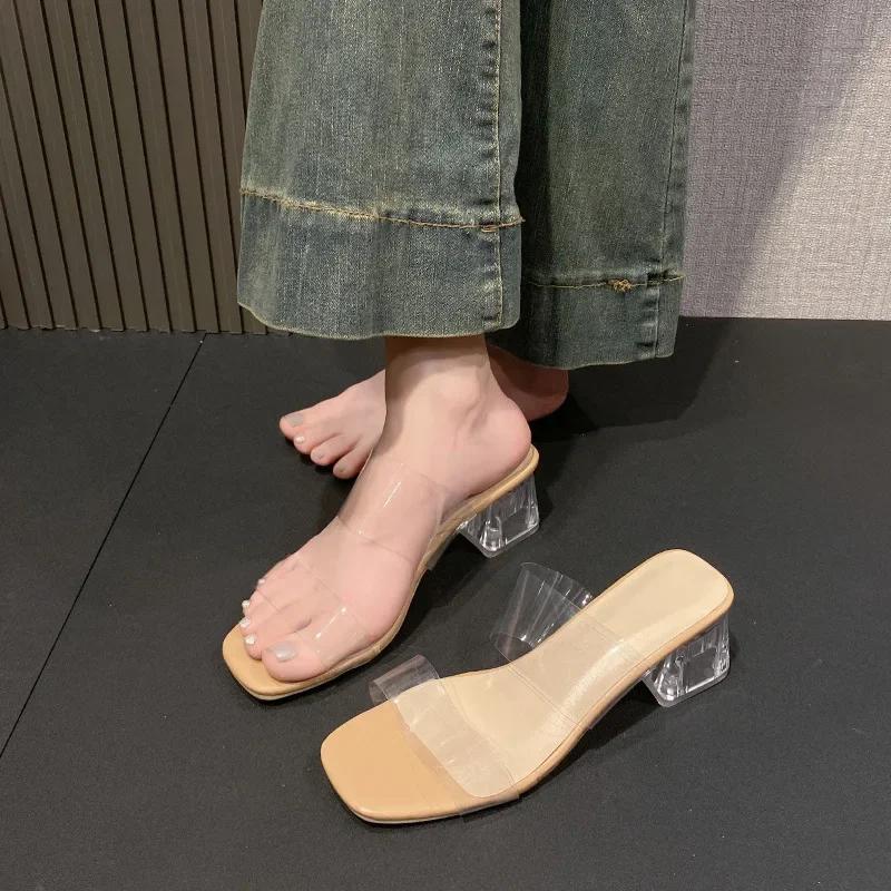 Fashion Transparent Crystal Heel Sandals Women's Outdoor Wear High Heels Sexy Thick Heel Ladies Slides Rubber Bottom PVC Material