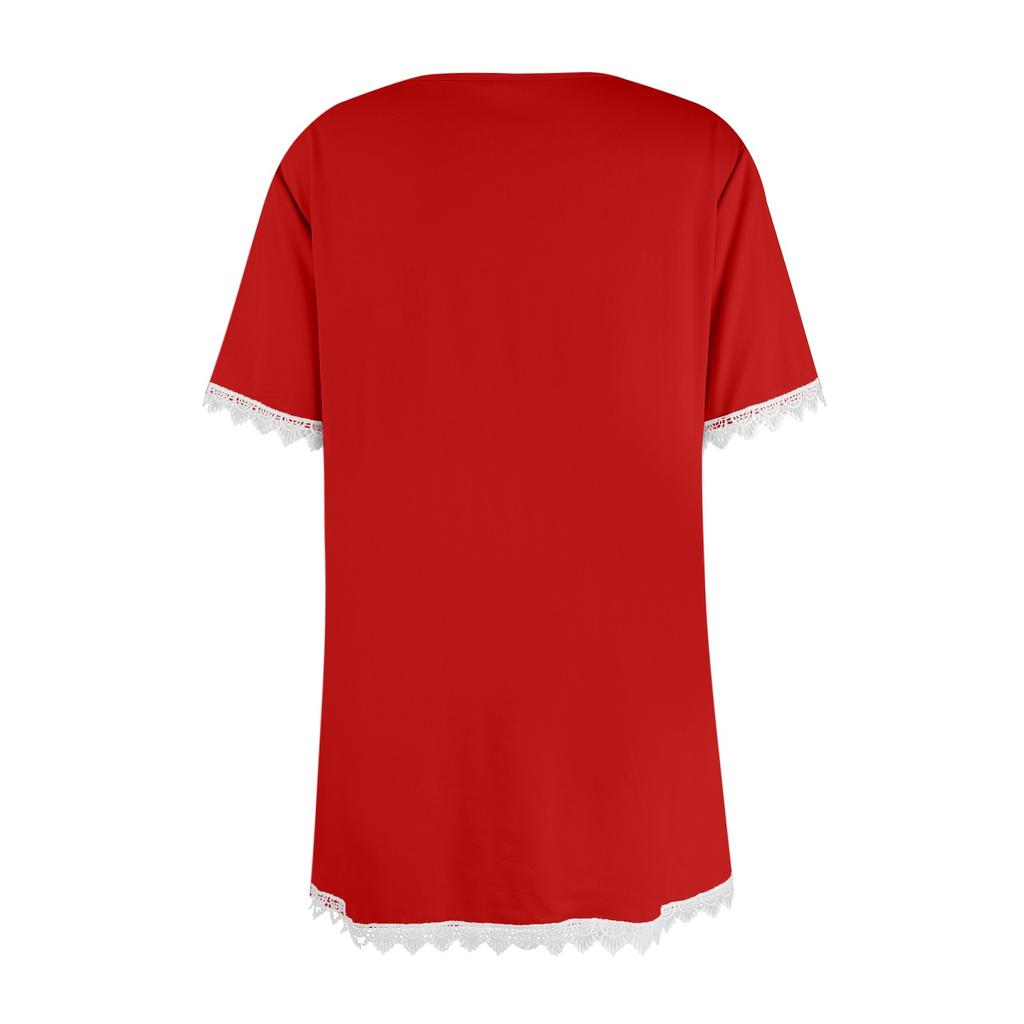Women's Color Patchwork New Lace Round Neck Short Sleeved Top With A Base