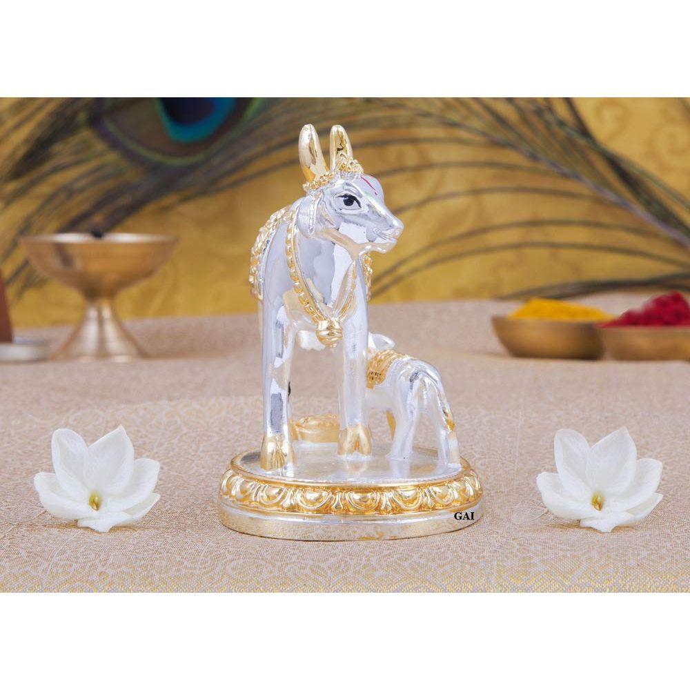Kamdhenu Cow with Calf Idol Gold Silver Plated (Two-Tone)| Home Decor Gaay Bachda Cow |Calf for Vastu | Positive Energy