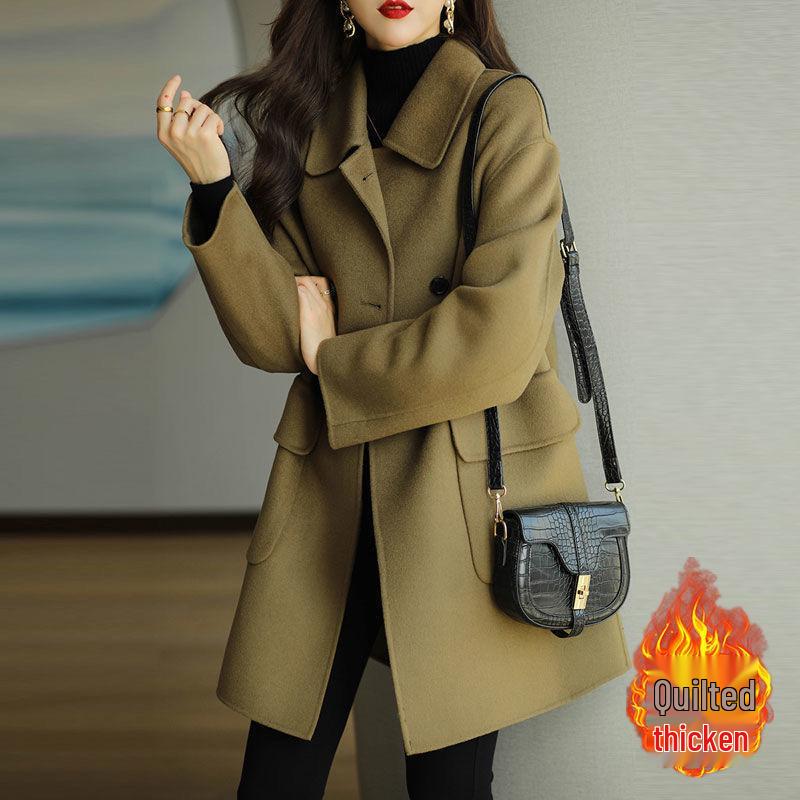 Women's Woolen Lapel Coat - 2025 Autumn/Winter Korean Style, Thickened, Slimming Mid-Length Overcoat