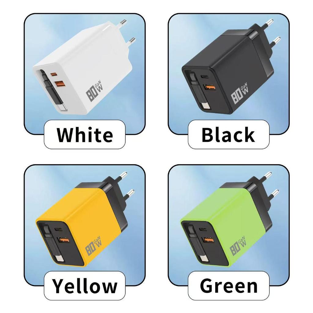 Galliumnitrid Schnellladegerät mit 8 cm einziehbarem Kabel für Apple-, Huawei- und Android-Geräte